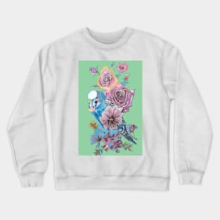 Blue Budgie and Rose Watercolor Painting on Green Crewneck Sweatshirt